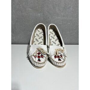 Vintage Minnetonka Womens White Leather Thunderbird Moccasins Beads Fringe 8.5